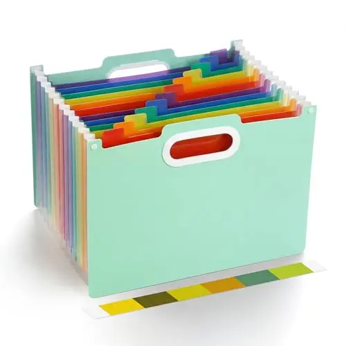 Comix Expanding File Folder in green, showing multiple pockets and polished edges