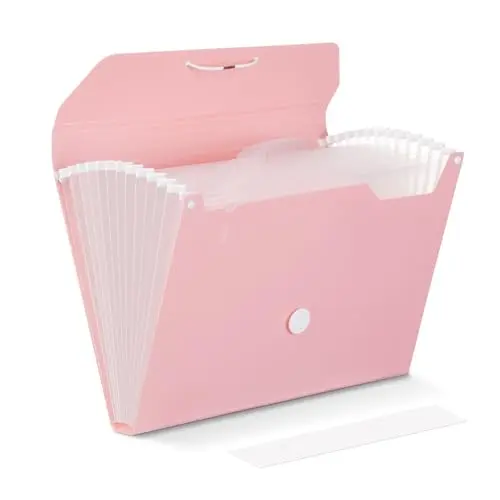 Comix Accordion File Organizer in pink, featuring labels and an elastic buckle closure