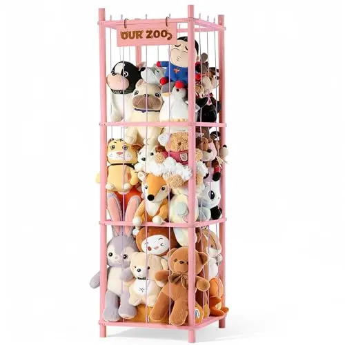 Lamu Stuffed Animal Storage wooden organizer with elastic cords in pink