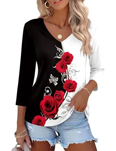 LOMON V-neck peasant blouse in a floral rose design with three-quarter sleeves