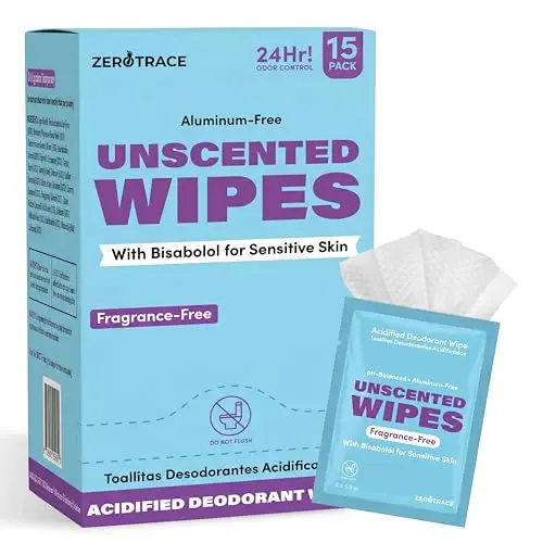 Zero Trace Unscented Deodorant Wipes for sensitive skin in travel packaging