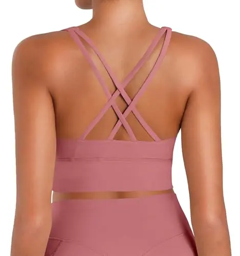 Sunzel Sports Bra with scoop neck and crisscross back design in rose pink