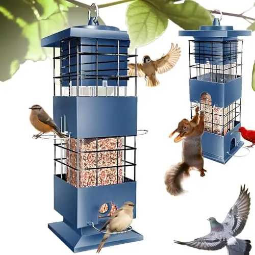 OMCCHK blue metal squirrel-proof tube bird feeder with weight-sensitive perches