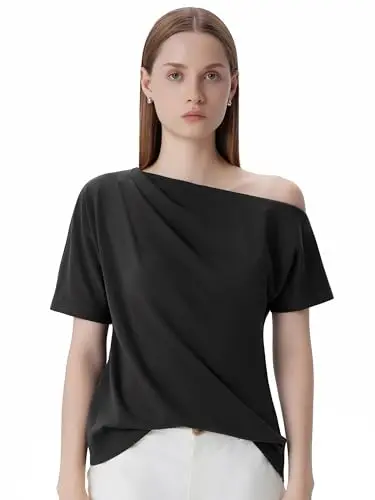 Suuksess Black off shoulder top laid flat, showing one shoulder design and casual fit