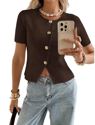 ZAFUL short sleeve slim fit v-neck cardigan in coffee brown