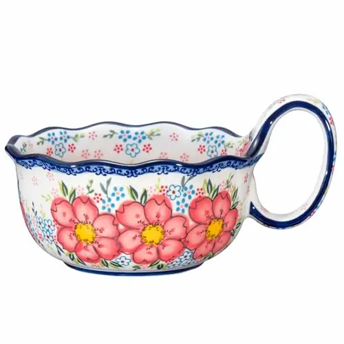 Silesia handmade ceramic cereal bowl with floral pink design and loop handle