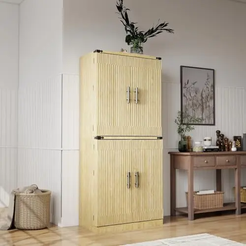 LOYBHUM Wood Grain Tall Pantry with Double Groove Doors