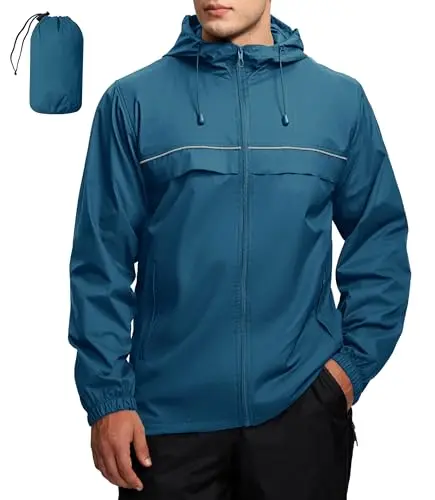 ZITY Mens Lightweight Rain Jacket folded in storage bag with reflective strip