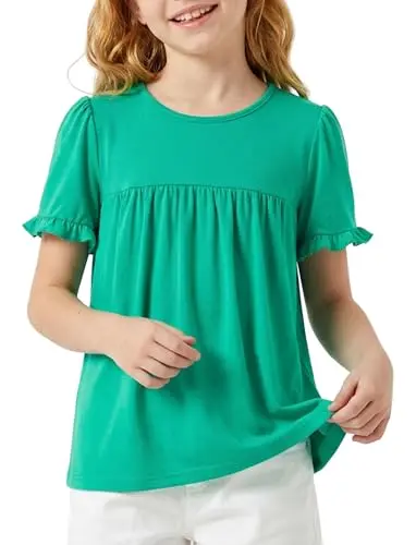 PATPAT girls green short sleeve crewneck t-shirt with ruffle trim