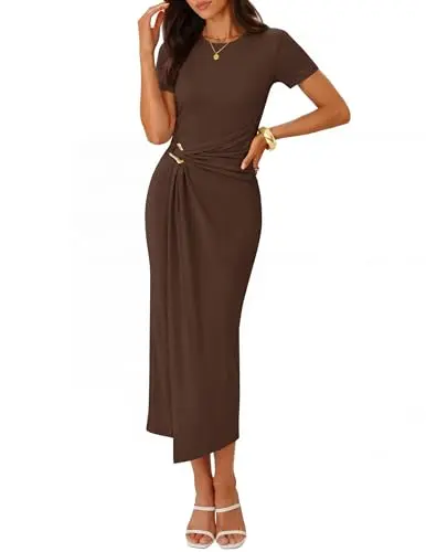 ZESICA short sleeve bodycon midi dress in coffee with crewneck and ruched split