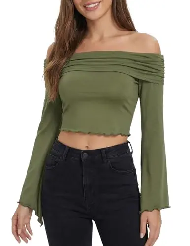 Zaful Asymmetrical Blouse in green, featuring off-shoulder neckline and long bell sleeves with ruffles