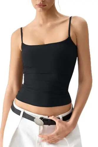 QINSEN Women's Mesh Tank Top in black with square neck and adjustable straps