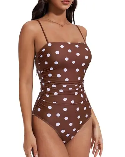 Suuksess women's square neck tummy control bathing suit in brown white polka dots