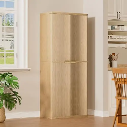 KEIKI Oak Finish Fluted Tall Kitchen Pantry Cabinet