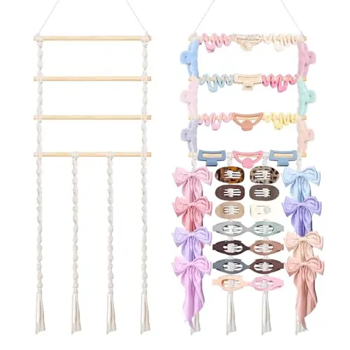 SNOWSTAR macrame flat hair clip organizer with wooden shelves