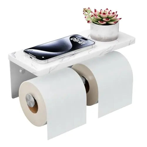 FORIOUS double toilet paper holder with natural marble shelf and stainless steel in brushed nickel