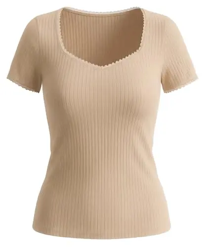 Belle Poque Women's Short Sleeve Square Neck Top in a solid color with ribbed knit and lace trim