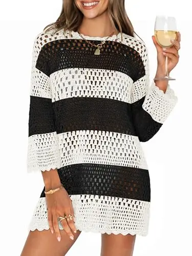 ANRABESS 3/4 sleeve crochet cover-up in black white stripe