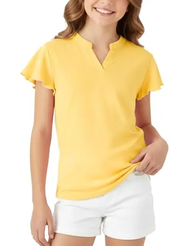 PATPAT girls yellow short sleeve v-neck t-shirt with ruffle sleeves