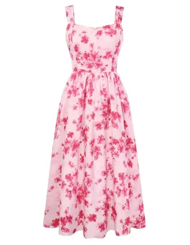 Belle Poque Women's Floral Midi Sundress with Pockets in pink