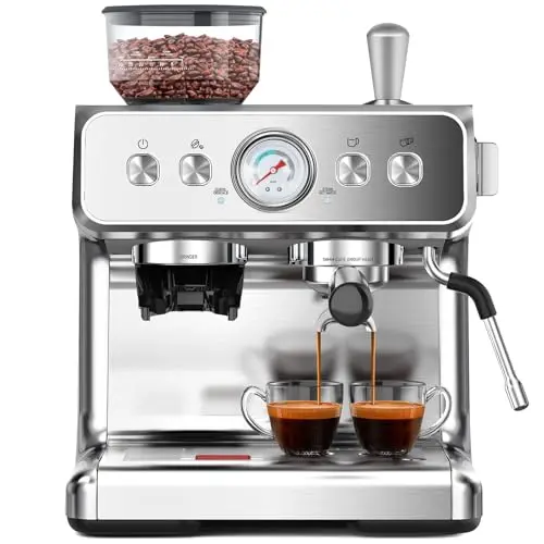 Electactic silver espresso machine with integrated grinder and large water tank