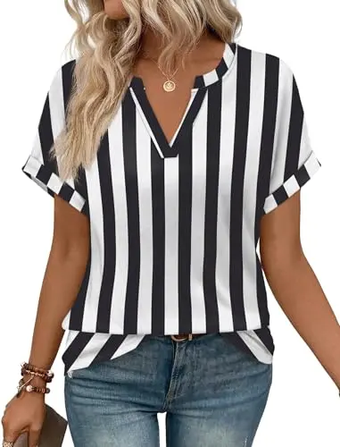WIHOLL Short Sleeve Striped Top in Black and White