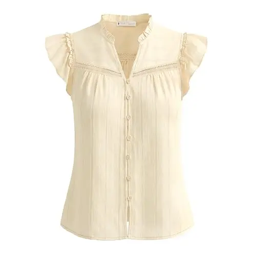 Belle Poque Women's Ruffle Short Sleeve Cotton Shirt with V-neck, button-down closure, and lace crochet details