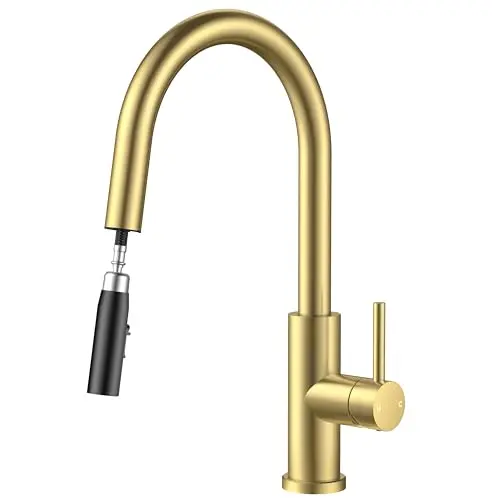 FORIOUS gold transitional kitchen faucet with embedded pull-down sprayer and high arc