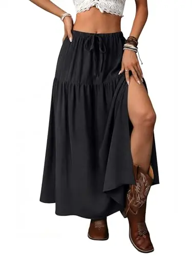 Ezcosplay Women Boho Maxi Slit Skirt with pockets in black