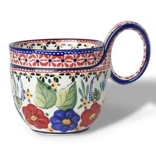 silesia Handmade Loop Handle Soup Bowl with floral design and saucer lid