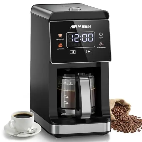 Airmsen CGM501HB programmable coffee maker with grinder and glass carafe on a kitchen counter