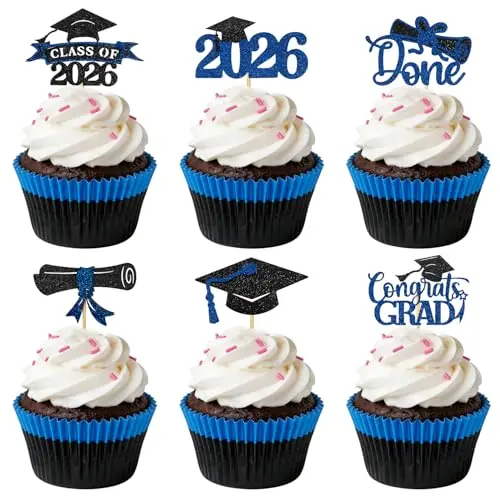 AXEN 48-piece graduation cupcake toppers set in black and blue