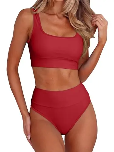 Anrabess women's high cut high waisted bikini set in red