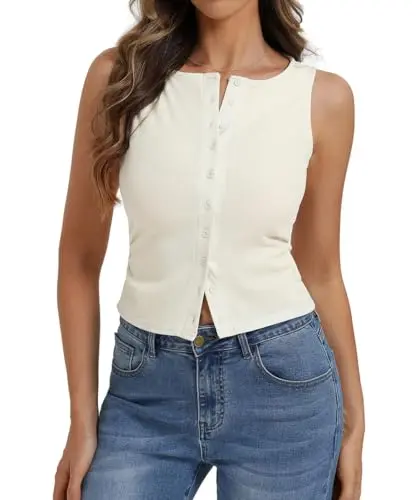 Belle Poque Women's Button Down Ribbed Tank Top, a sleeveless crop vest for layering or standalone wear