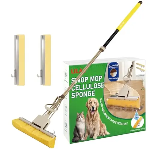 LILAC 4-Color Handle Sponge Mop with yellow handle and two replacement heads for zoned cleaning