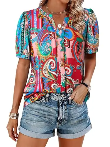 Ezcosplay Puff Sleeve Boho Top with paisley floral print and V-neck