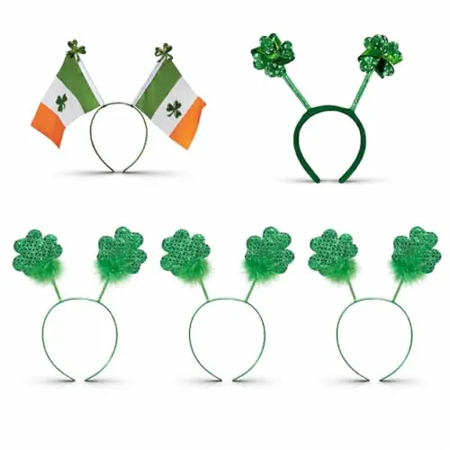 PMU 5-piece St. Patrick's Day boppers headband set with glittered shamrock, Irish flag, and pinwheel designs