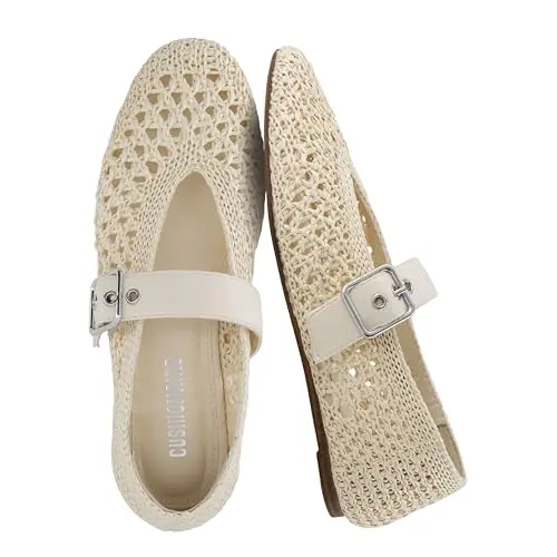 Cushionaire Gabby Woven Flats in cream with adjustable buckle