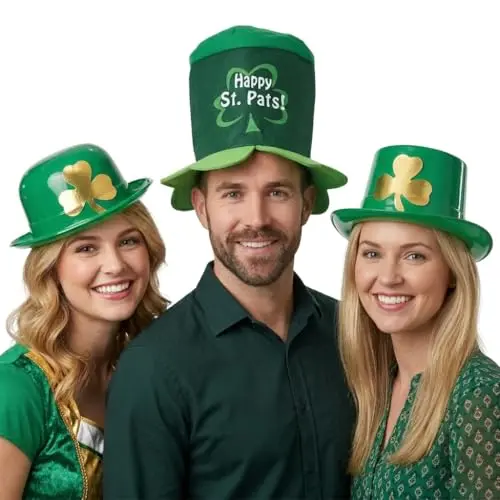 PMU 3-piece St. Patrick's Day plastic hats bundle including derby, foil brim, and top hat