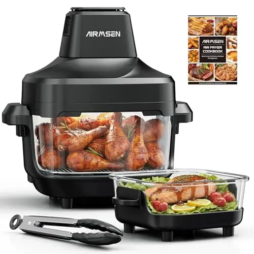 Airmsen dual-size glass air fryer with two bowls in deep black, showing stackable design
