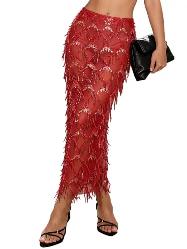 AXX Women's Sequin Fringe Midi Skirt in red with silver/black sequins and a side slit