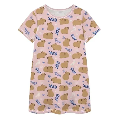 senya Short Sleeve Dress for girls with capybara and leaves print